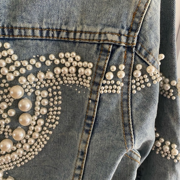 Blue Eriko Pearl Beaded Denim Button Jacket M - Picture 5 of 8